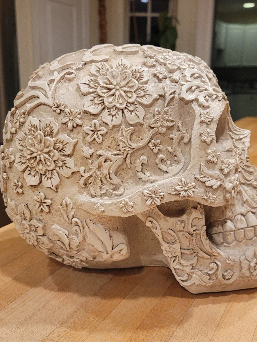 NEW Ornate Floral Carved Decorative Sugar Skull - Ivory